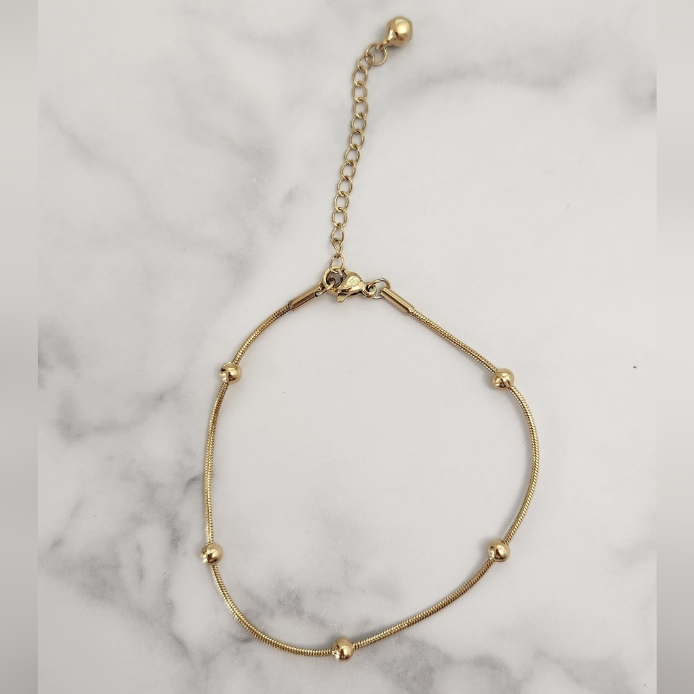 Gold Plated Anklet • Snake Chain with Round Beads • Adjustable Dainty Anklet - Picture 9 of 11